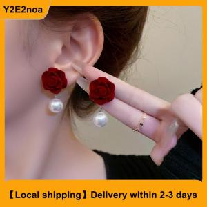 【Local shipping】 Wine Red Rose Flower Earrings Retro Wedding Ear Studs Chinese New Year Jewelry Earring