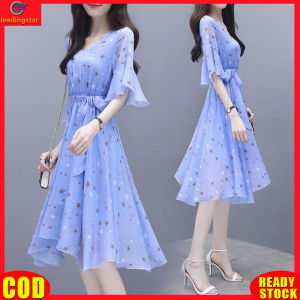 LeadingStar RC Authentic Summer Slim V-neck Ribbon Dress Elegant Star Flare Sleeves Middle Long Printing Dress