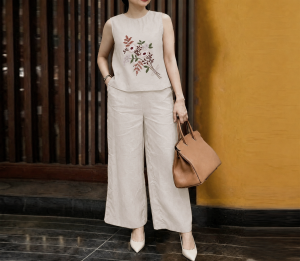 Women Korean Sleeveless Floral Embroidered Tank Top & Wide Leg Pants Casual 2-Piece Terno Set L2379