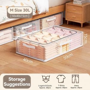Underbed Storage Box Transparent Stackable Organizer Box With Handles For Clothes Blankets & Bedding