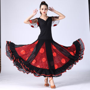 National standard dance performance costume modern dance ballroom dance big swing skirt suit short-sleeved flower mesh dance costume