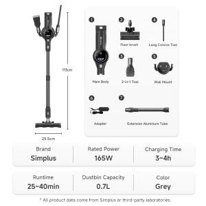 Simplus Vacuum Cleaner Cordless 27000Pa Suction Power With Mite Remove Brush Green Light Detection Bendable Design 6 Suction Settings LED Touchscreen Hyper Suction-S8 Flex Pro