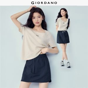 Giordano Beau Monde Women T-Shirt 100% Cotton Knit Embroidered Square Neck Short-Sleeve Regular-Fit Slight Stretch Free Shipping 13326283
