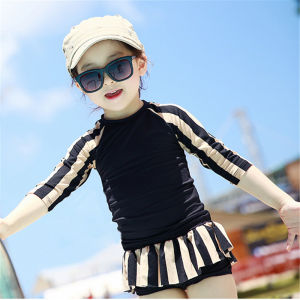 Swimming Suit for Kids Girl Swimsuit for Baby Child Sandy Beachwear 2-12 Y Girls Two Pieces Swimwear Black and Light Brown Stripes Rash Guard for Children