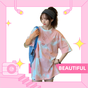 QXshop เสื้อยืดทรงโอเวอร์ไซส์ สกรีนลายมัดย้อมสีพาสเทล ดูดีน่ารักใสๆ