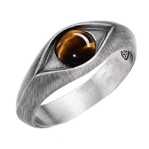 Textured Copper Band Eye Stone Ring Adjustable Finger Fit Natural For Women Men Anniversary Gift