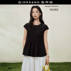 Giordano Women Pleated and patched A-line collarless small cap sleeve woven shirt - High Quality Free Shipping 18346710