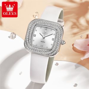 OLEVS นาฬิกาสำหรับกันน้ำสำหรับผู้หญิง2024ต้นฉบับใหม่สไตล์เกาหลีหน้าปัดเพชรทรงสี่เหลี่ยมแฟชั่นหรูหราสายหนังนาฬิกาข้อมือผู้หญิง