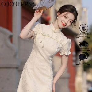 Đầm cocoepps cho nữ Đầm Xường Xám 2024 mới cho bé gái khí chất trẻ trung Retro ngắn thanh lịch hàng ngày cải tiến trang phục mùa hè