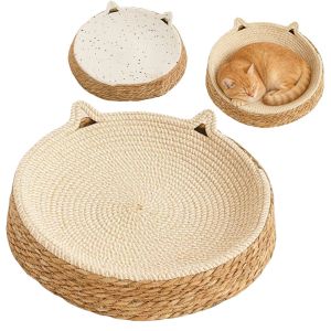 WININ Woven Pet Sleeping Mat Cotton Rope Round Shape Woven Cat Bed Anti-Slip Cat Bed Sofa Indoor Cats