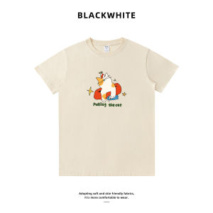 Pure cotton apricot color cute cat print for men and women couples T Heavyweight brushed fabric shirt for students junior high school students breathable Q546
