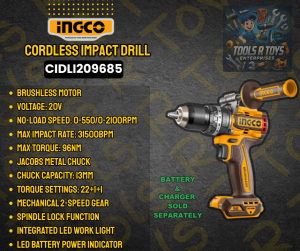 INGCO CORDLESS IMPACT DRILL | CIDLI209685 | TOOLSRTOYS | ING-CORDLESS