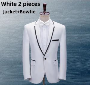 New Elegant White Black Sticky floral suit Set Stand Collar Mens Wedding Suits Formal Groom Tuxedo Costume(Jacket+pants+Bowtie)