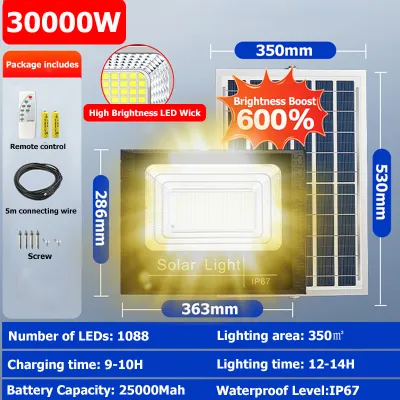 LED Solar Light Outdoor 30000W IP67 Waterproof Flood Lights Warm White Lampu Solar with Solar Panel Intelligent Light Control Garden Lights with Remote Control for Gardens Courtyards Streets