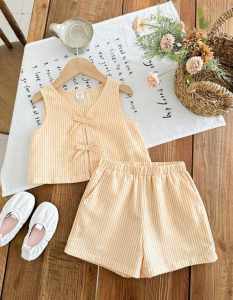 FREE SHIPPING & COD Casual Classy Elegant  Summer Wear GIRL Front Ribbon Top and Shorts for Girl Kids - 2 to 14 years old   - classy and elegant - timeless classic  - timeless piece - casual office  party - classic piece - super kapal ng tela - hindi ka