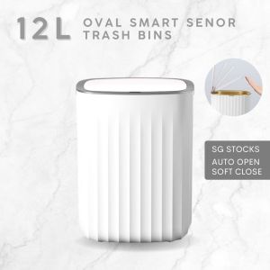NEW 12L Nordic Waterproof Bathroom Sensor Waste Bin Oval White Grey Soft Closing Automatic Open Lid By Thehomeshoppe SG