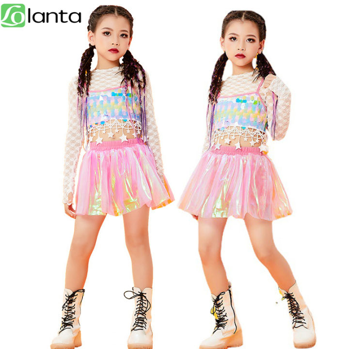 LOLANTA Set met pailletten voor kinderen, hiphop danskostuum, streetdancewear, jas en broek, zwart, 6-7 Jaar