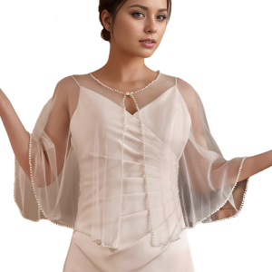 Delicate Pearls Embellished Capelet Light weight Polyester Bridesmaid Capes for Special Occasion
