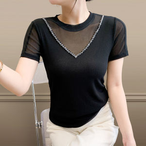 YIMEI เสื้อยืดผู้หญิงพิมพ์ลายเสือดาวคอกลมเสื้อแขนสั้นสำหรับหน้าร้อนใหม่ย้อนยุคพร้อมเพชรตาข่ายเสื้อฐานรัดรูปไซดืใหญ่ของผู้หญิงทันสมัย