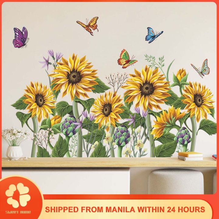 Beautiful Sunflower Wall Stickers Colorful Butterflies Wallpaper PVC ...