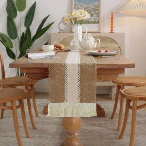 Linen Table Runner Woven Cotton Table Cloth Vintage Hollowed Out Table Flag With Tassels for Home Party Dining Decor