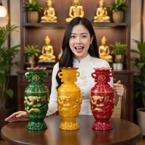 Lục Bình Ngọc (Kích Tài) Phong Thủy Họa Tiết Rồng Phúc Lộc Thọ - Bình Hút Tài Lộc Mệnh Hỏa Mộc Kim Thổ (Cao 47cm)