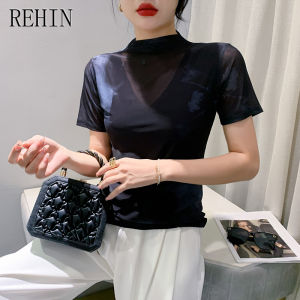 REHIN เสื้อยืดแขนสั้นพิมพ์ลายตาข่ายคอปกสูงครึ่งแฟชั่นแบบใหม่ในฤดูใบไม้ร่วงของผู้หญิงเข้ารูปพอดีเสื้อฐาน