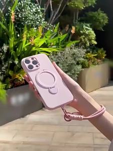 New liquid silicone soft case with stand luxury phone case with crossbody lanyard for iPhone 17 Pro Max Air Case Wristband 17pro strap Casing pink Magnetic Shockproof Cover