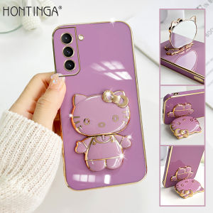 Hontinga Casing Case For Samsung Galaxy S21 Ultra 5G S21 Plus 5G S21 FE 5G S21+ Case With Hello Kitty Stand Fashion Solid Color Luxury Chrome Plated Soft TPU Square Phone Case Full Cover Camera Protection Casing Anti Gores Rubber Cases For Girls