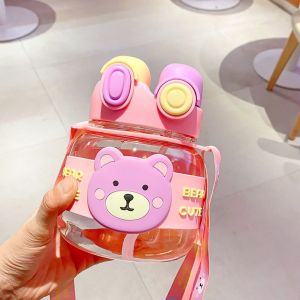 Bình nước học sinh Cao Câp 1000ml Cốc uống nước đôi 2 đầu bụng bự Hình hoạt hình dễ thương Có dây đeo Sticker 3D