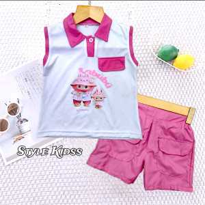 Setelan Anak Perempuan Model Lengan Lekbong Bahan Knit Motif Boneka Buat Usia 1-6 Tahun