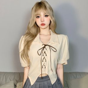 Wanita Lengan Pendek T-shirt Polos Langsing Atas Tali Pengaturan Desain