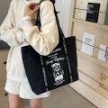 Gentlewoman Cute Cartoon Bear Print Canvas Bag Versatile Contrast Color Shoulder Tote Bag with Zipper. 