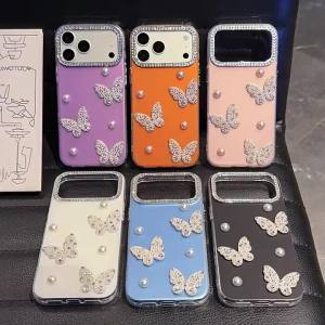 Luxurious shiny rhinestone pearl butterfly phone case suitable for iPhone 17 16 15 14 13 Pro Max 17 Air case