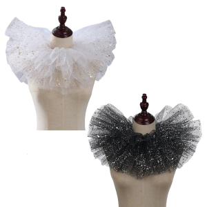 Layered Ruffled Mesh Neck Ruff Renaissance Victorian Metallic Foil Tulle Faux Collar Shawl Choker for Themed Parties