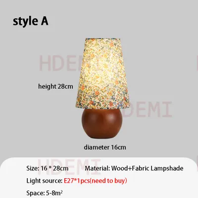 Vintage Wooden Table Lamp Floral Fabric Lampshade Bedside Lamp Atmosphere Lighting Room Decoration