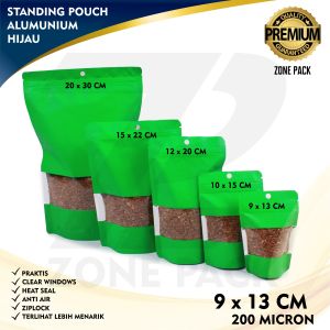 [9 x13cm] 10 pcs Standing Pouch Alumunium Windows Warna hijau I Kemasan Kopi I Kemasan Snack Ziplock