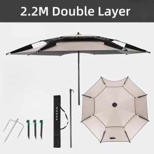 2.2M Double Layer Fold Fishing Umbrella Windproof Sun Shade Outdoor Camping Beach Portable UV Protection Adjustable Parasol