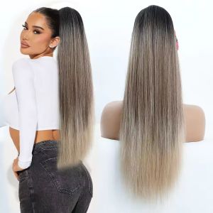 28 Inch Tóc Đuôi Ngựa Thẳng Tóc Vàng Tạo Khối 12 / 613 Tóc Nối Màu Nâu Ombre Với Kẹp 180Gram Tóc Tổng Hợp Sinh Học Nhiệt Độ Cao2026