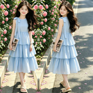 New Summer Kids Children Elegant Long Frilly Tiered Dresses for Girls Casual Blue Daily Clothing School Dress Sweet Streetwear