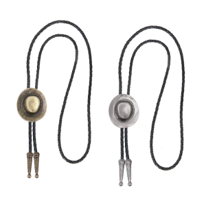 3D Cowboy Hat Metal Pendant Bolo Tie Western Adjustable Faux Leather Cord Necktie for Mens Office Casual Accessory