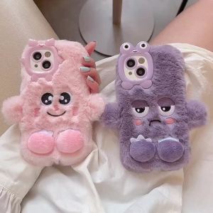 3D Cute Cartoon Funny Phone Cases For iPhone 17 16 15 14 13 12 11 Pro Max Warm Winter Fluffy Plush Soft Bumper Protection Cover