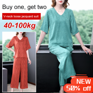 H Fat Mm temperament loose jacquard suit jacket wide leg pants covering flesh casual jacket