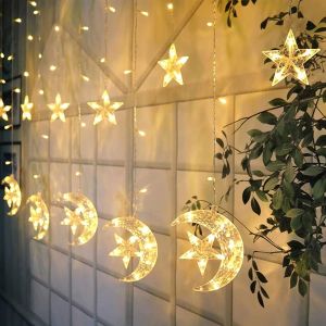 2.5M 138 LED Star Moon Curtain String Lights 8 Modes Decorations for Eid Ramadan Hallow/星月灯/串灯/圣诞灯
