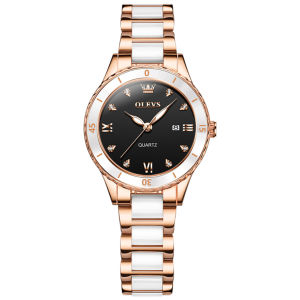 OLEVS 9985 Women Fashion Quartz Watch Gift Ceramic Watchband Round-dial Wristwatch Calendar