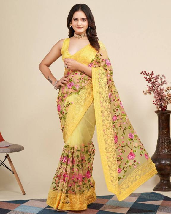 [Pre Order]Chikankari Embroidery Soft Net Saree (Normal / Ready To Wear