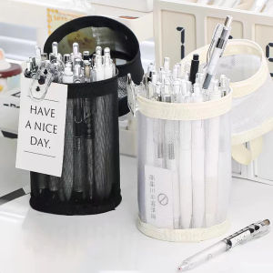 Mesh Pencil Case Large Capacity Flip-Top Solid Color Pen Holder Portable Stationery Storage Bag