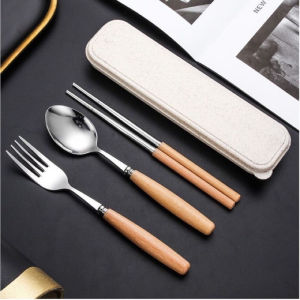 Bộ Đồ Ăn 3 Món Thìa Đũa Dĩa Cán Gỗ Chất Liệu Inox 304 Không Rỉ Kèm Hộp Bộ Muỗng Thìa Nĩa Dùng Cá Nhân - VinhBuiStore