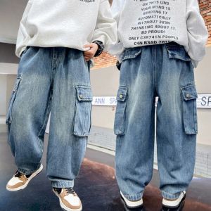Cargo Jeans for Kids Boys Casual Boys Denim Jeans Big Cargo Pocket Design Elastic Waistband 4 Pocket Korean Style Boys Baggy Trousers 7-16yrs