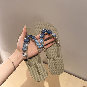 Square Rhinestone Flip-Flops Non-Slip Square-Toe Flat Sandals Square Rhinestone Solid Color Beach Shoes